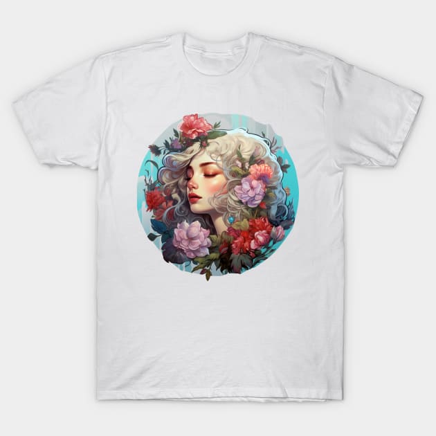 Beautiful girl surrounded by flowers T-Shirt by Liana Campbell